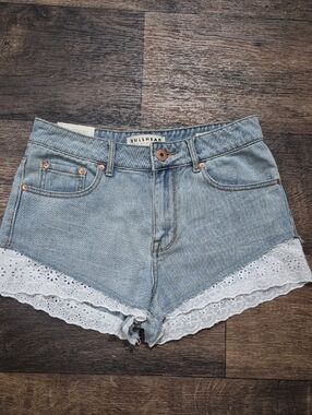 Bullhead Light Blue Denim Shorts with White Eyelet Lace